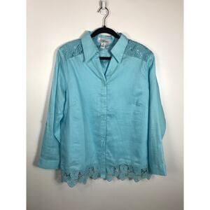 Women's XL Blue Linen Button Up Shirt Eyelet Designs Coastal Coquette Classic